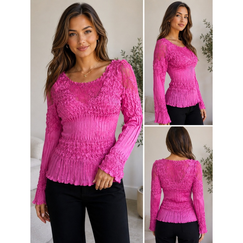 Komarov Magenta Pink Pleated Lace Long Sleeve Blouse Top Hand Crinkled Small